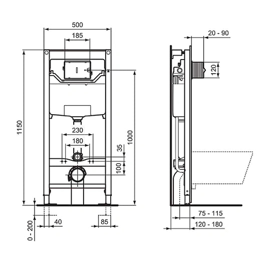 Структура за вграждане с конзолна тоалетна чиния 545х365мм седалка и капак с плавно затваряне Ideal Standard ProSys 120P / Connect R052601 и пневматичен бутон по избор!