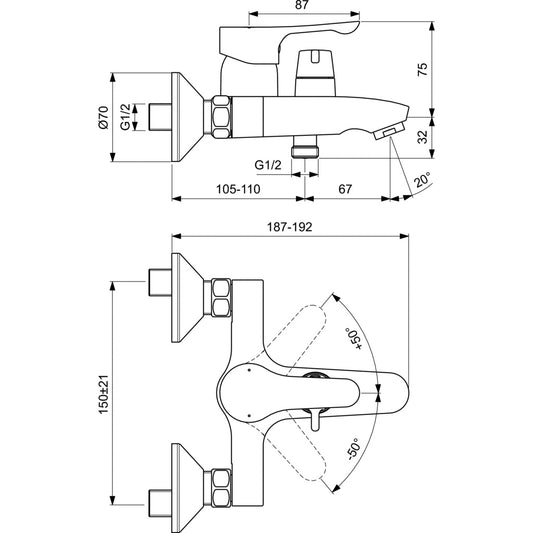 Стенен смесител за вана/душ Ideal Standard ALPHA BC489AA