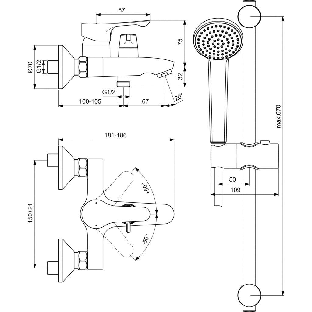 Стенен смесител за вана/душ Ideal Standard ALPHA BC656AA