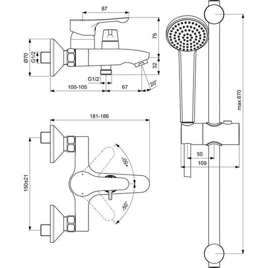 Стенен смесител за вана/душ Ideal Standard ALPHA BC656AA