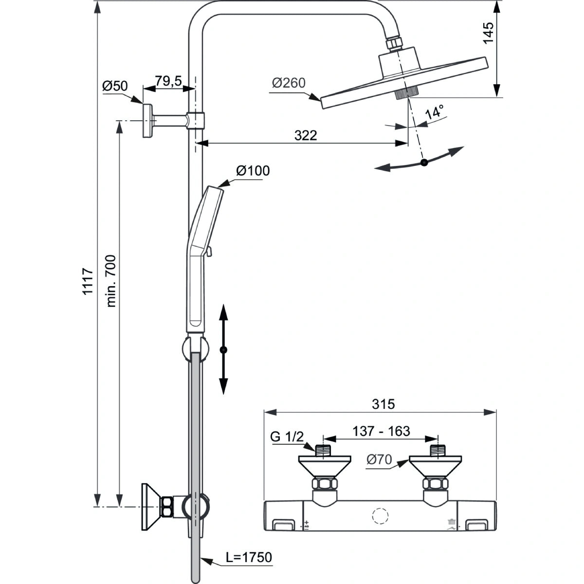 Душ система IDEAL STANDARD Ceratherm T25+ A7210AA